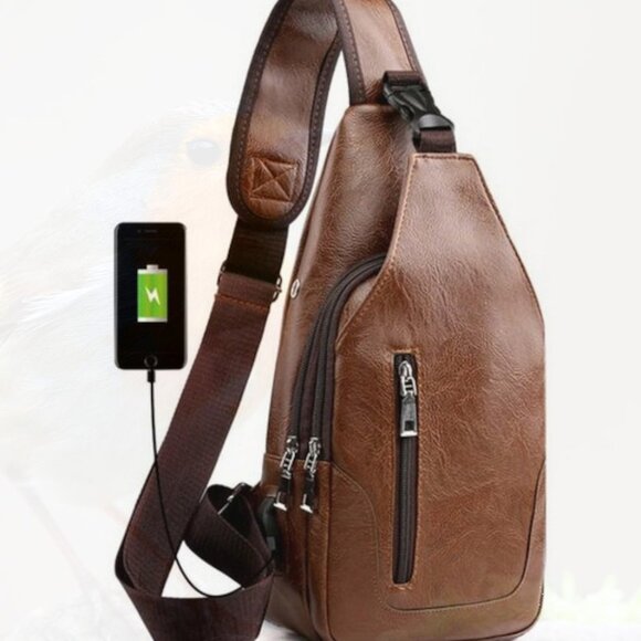 New Mens Crossbody with USB Charge Port Brown 0247 - Picture 1 of 3